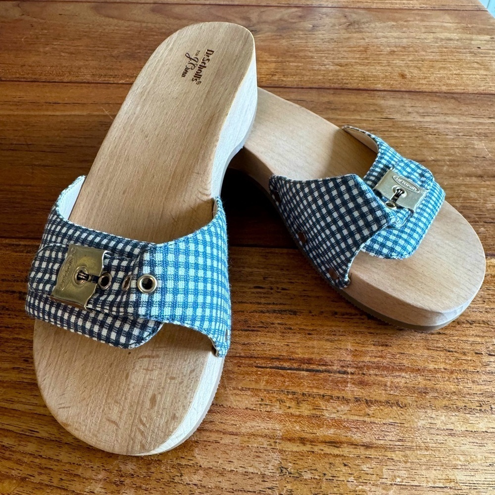 Dr. Scholl's JCrew Collaborative Blue Gingham Original Wooden Sandals / US 7